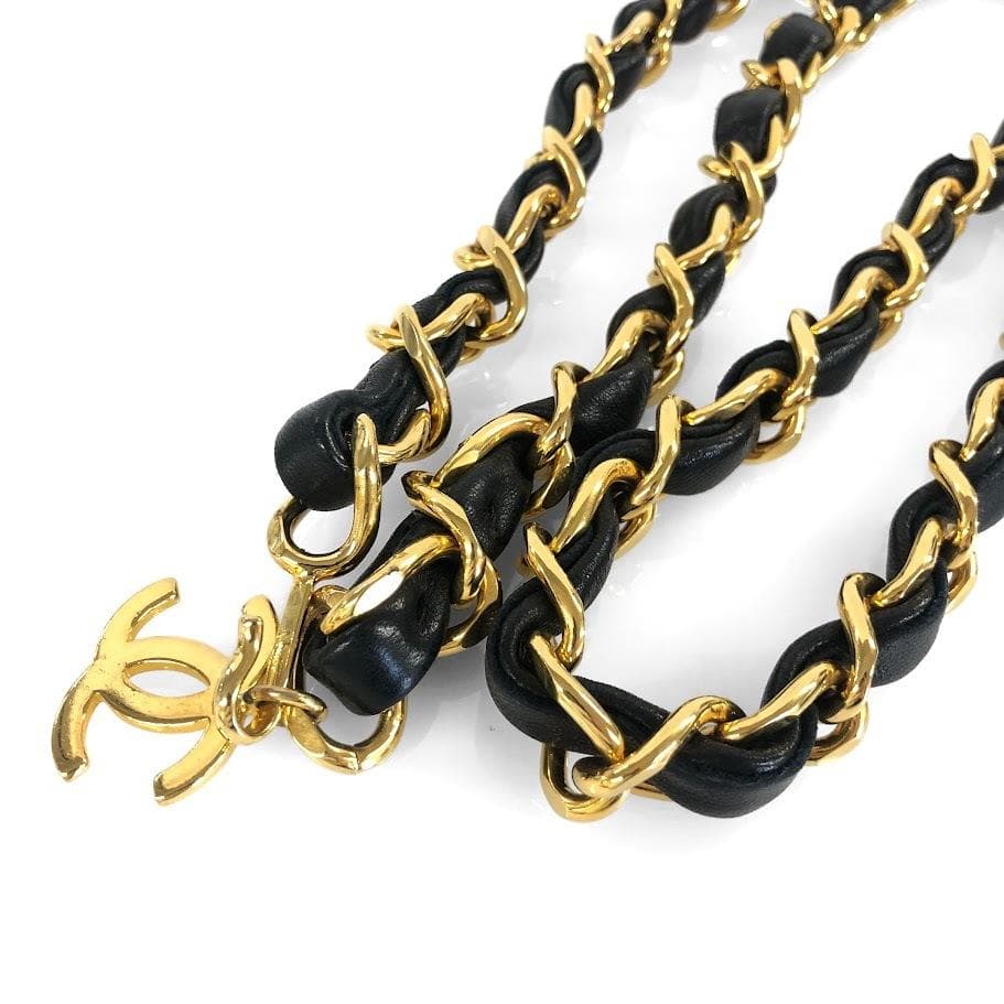 美品 CHANEL シャネル チェーンベルト ブラック×ゴールド GP×革