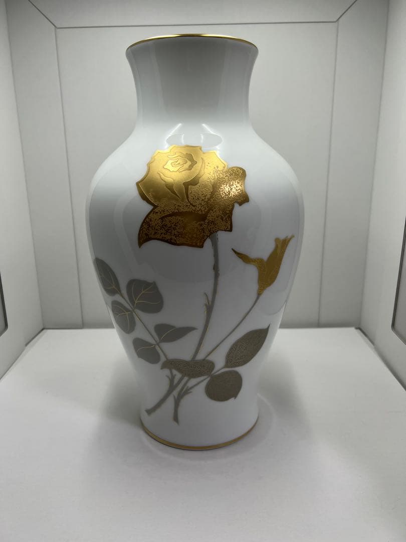 大倉陶園OKURA 金蝕バラ花瓶フラワーベース花器ゴールド 陶器 高さ約35cm