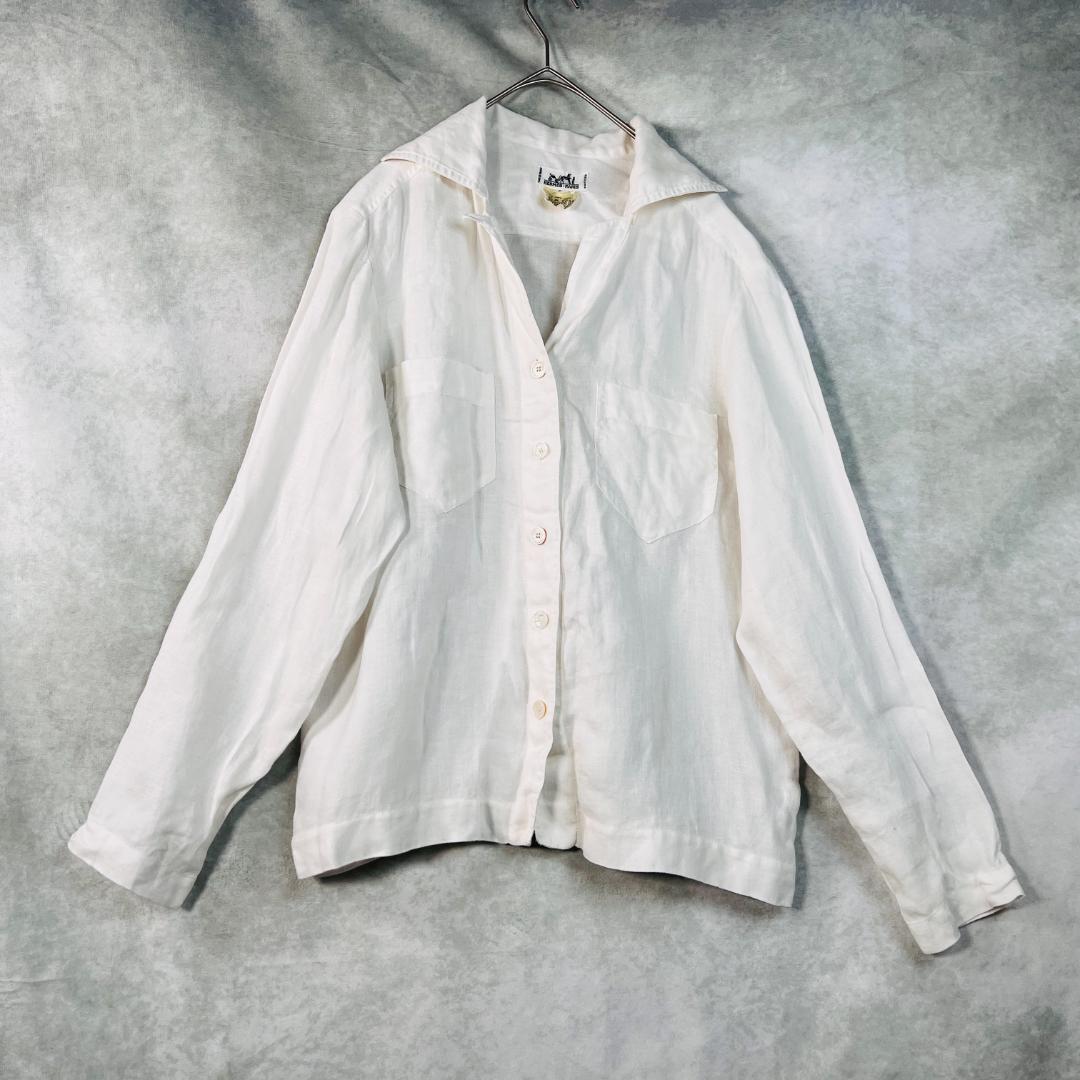 【エルメス】開襟 リネンブラウス 38 M ホワイト 仏製 セリエボタン