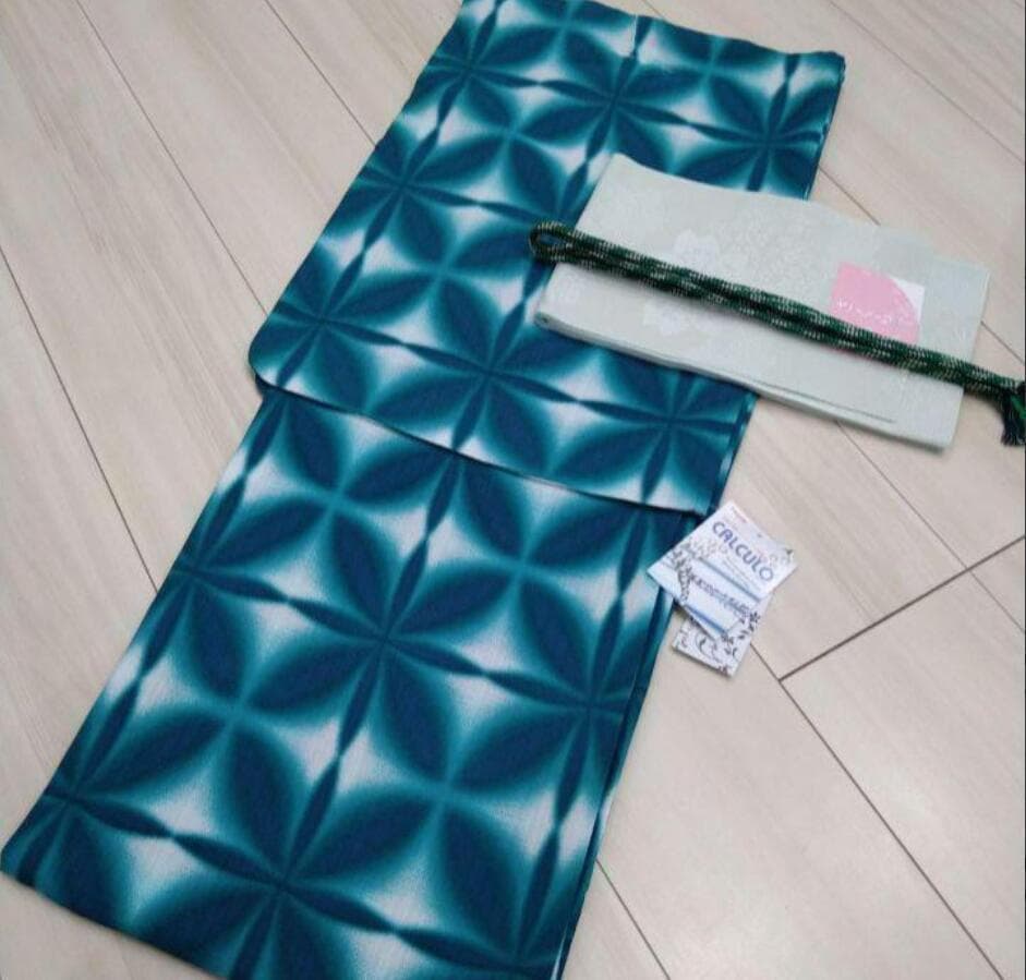 ◆ノー皺加工最高級カルキュロ◆変わり織り涼しげ水青緑可憐浴衣◆しわにならない浴衣