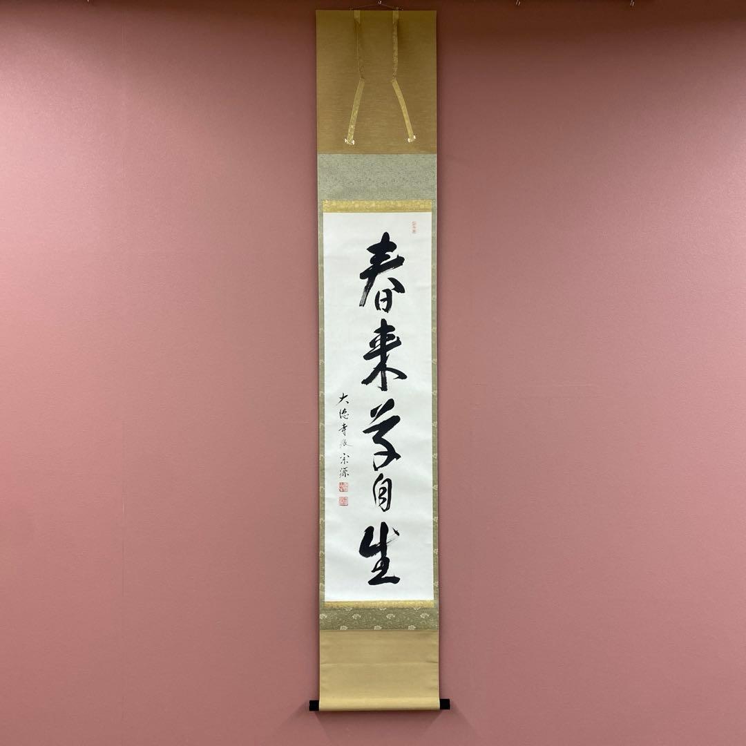 美品 掛け軸 前田宗源作「春来草自生」大徳寺 共箱 禅語 茶掛
