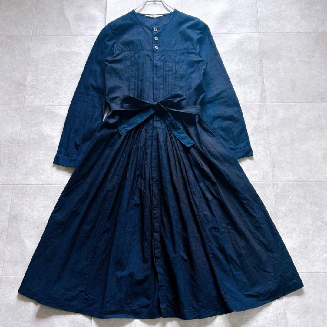 美品✨45R ロングワンピース インディゴ ベルト フレア ピンタック R刺繍