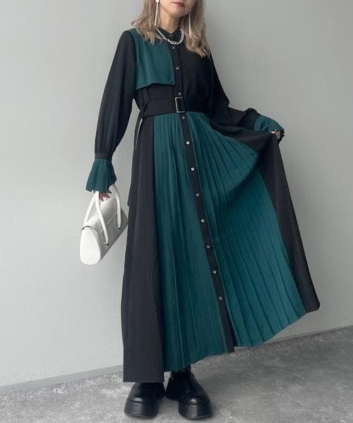 【美品】HARE　ソデプリーツキリカエワンピース　ブラック×グリーン　ベルト付