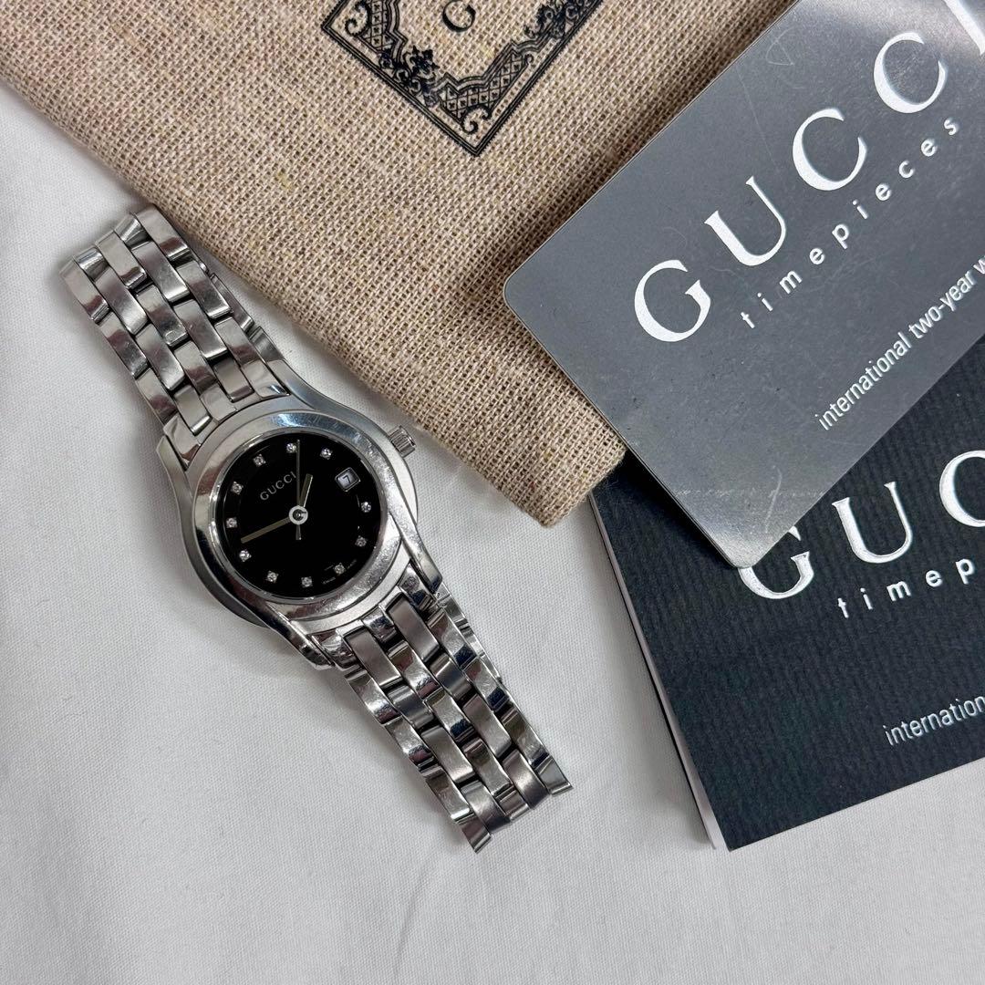 GUCCI ステンレススチールブラックダイヤル時計5500Lレディースダイヤ付き
