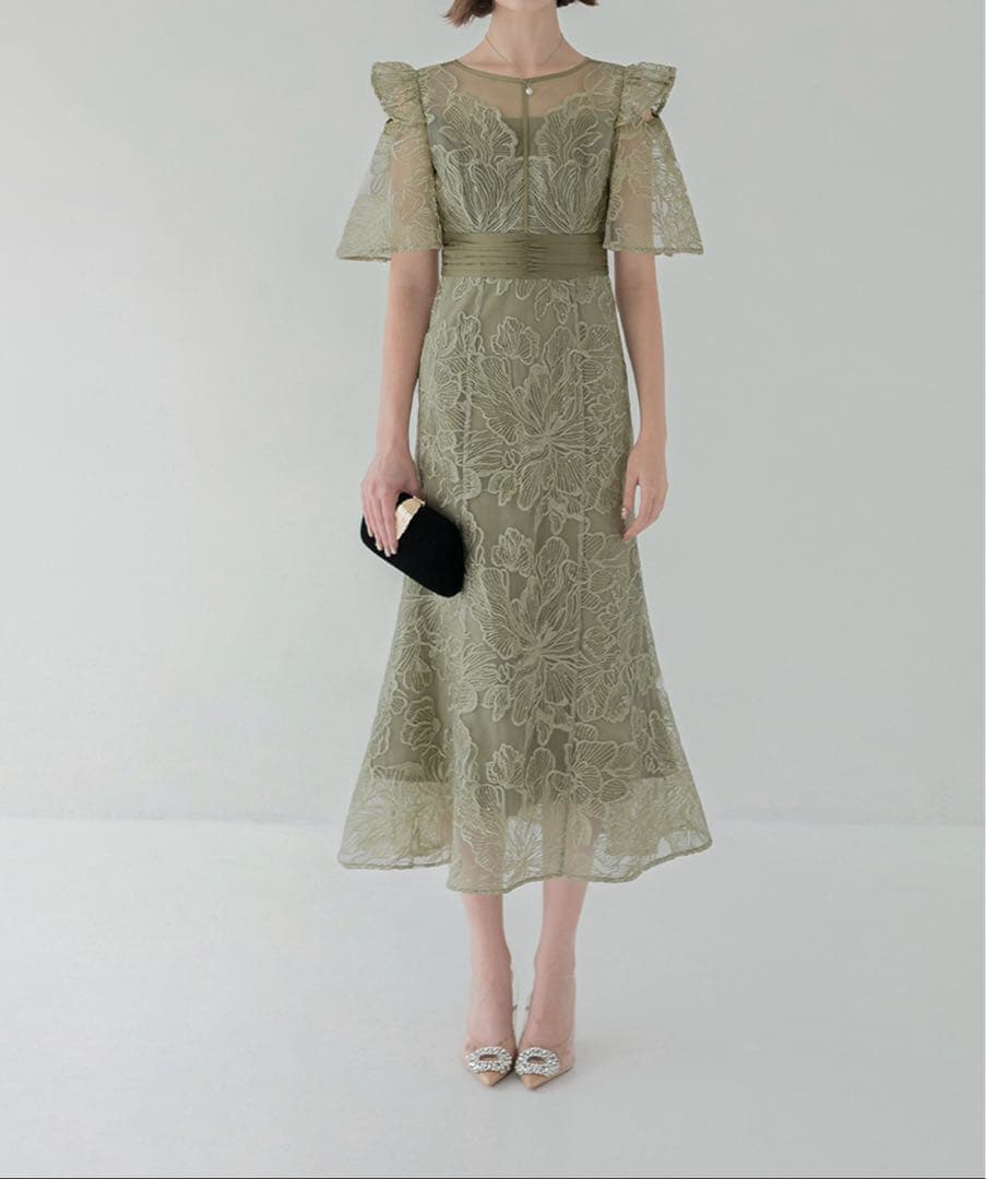 【LEJA】フラワーレースシアーフリルマーメイドドレス