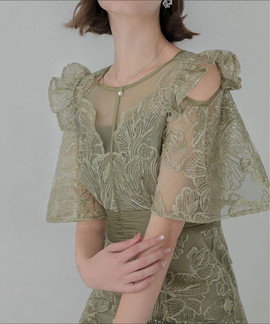 【LEJA】フラワーレースシアーフリルマーメイドドレス