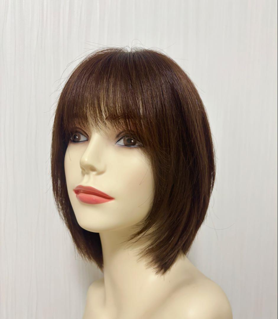 医療用フルウィッグ人毛100%フロントレースショートボブ抗がん剤脱毛症　着画有り