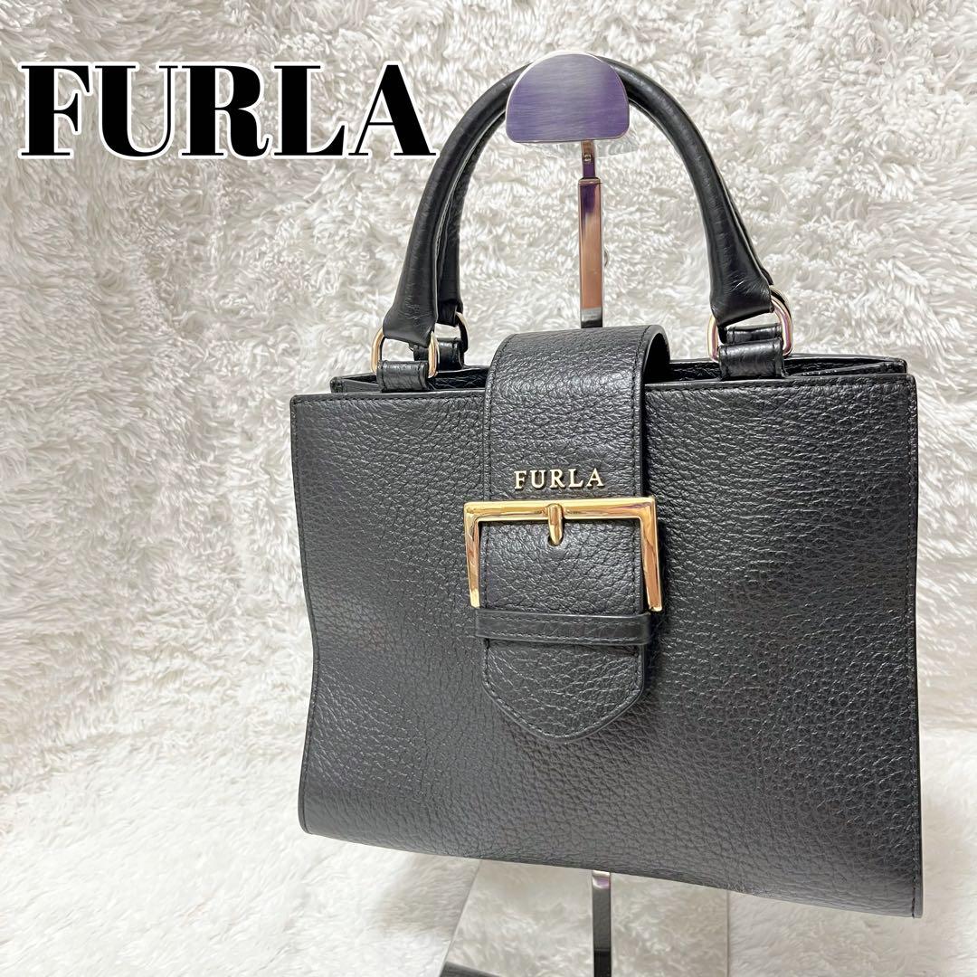 ス*ー様 【未使用級】FURLA フルラ ハンドバッグ 黒 レザー ベルト