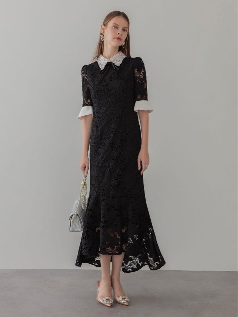 パールカラーボウタイフラワーレースフィッシュテールワンピースドレス結婚式二次会