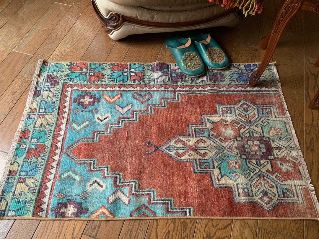 レトロブルー　テラコッタ98×62 メダリオン　トルコヴィンテージラグ