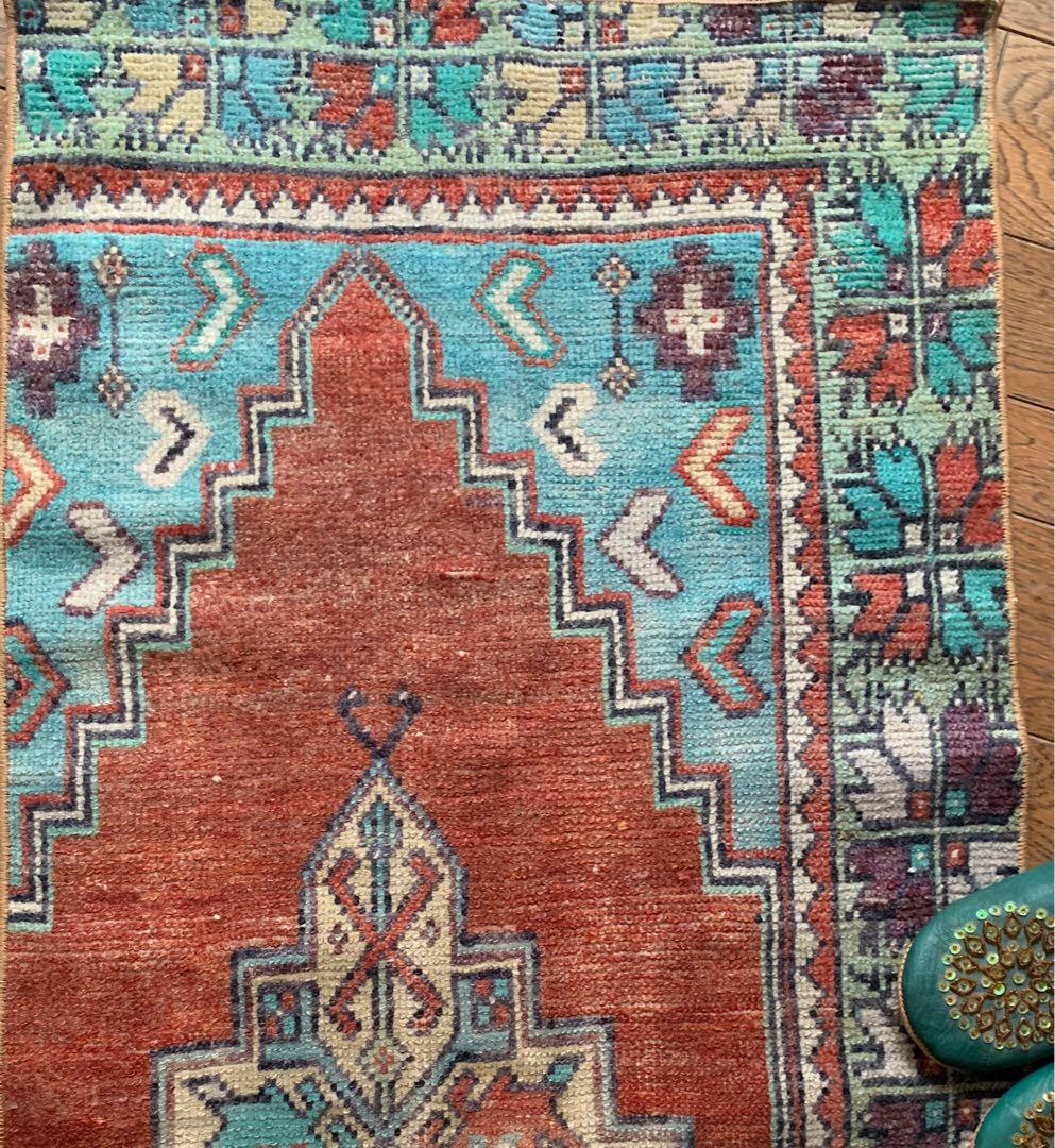 レトロブルー　テラコッタ98×62 メダリオン　トルコヴィンテージラグ