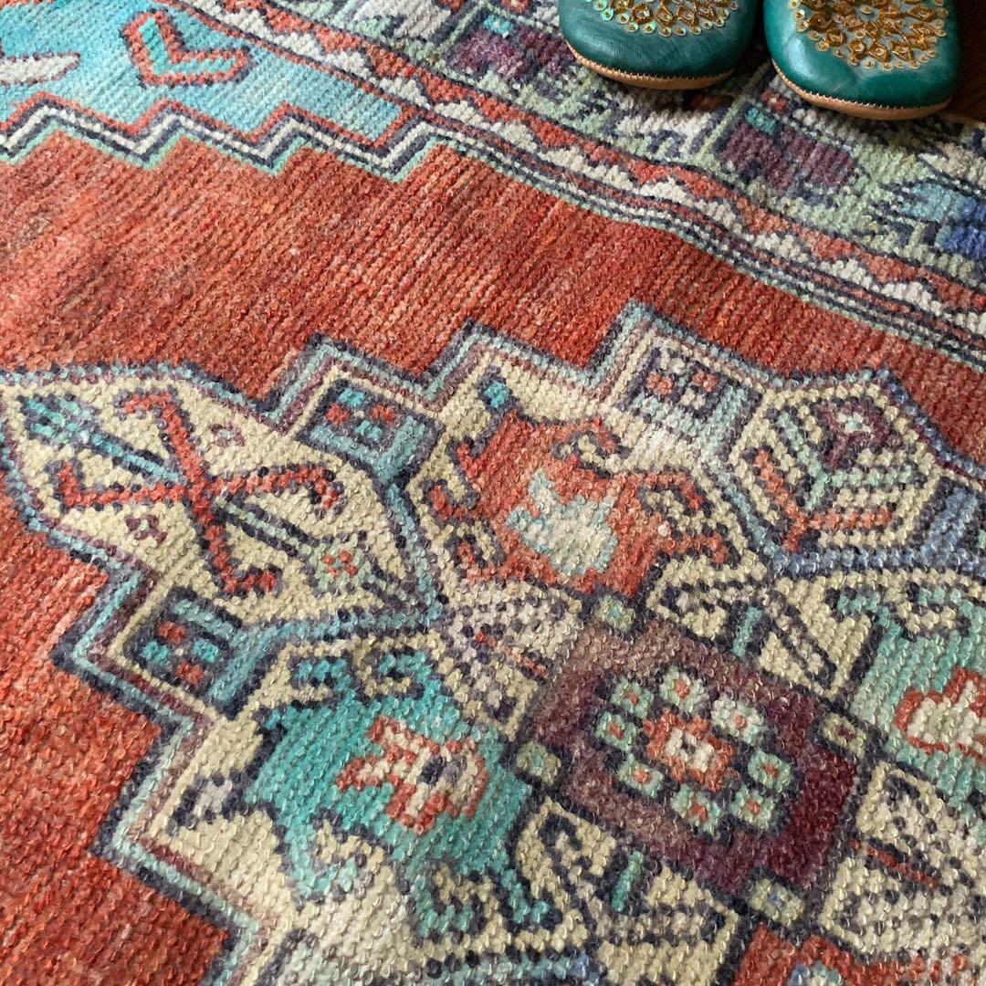 レトロブルー　テラコッタ98×62 メダリオン　トルコヴィンテージラグ