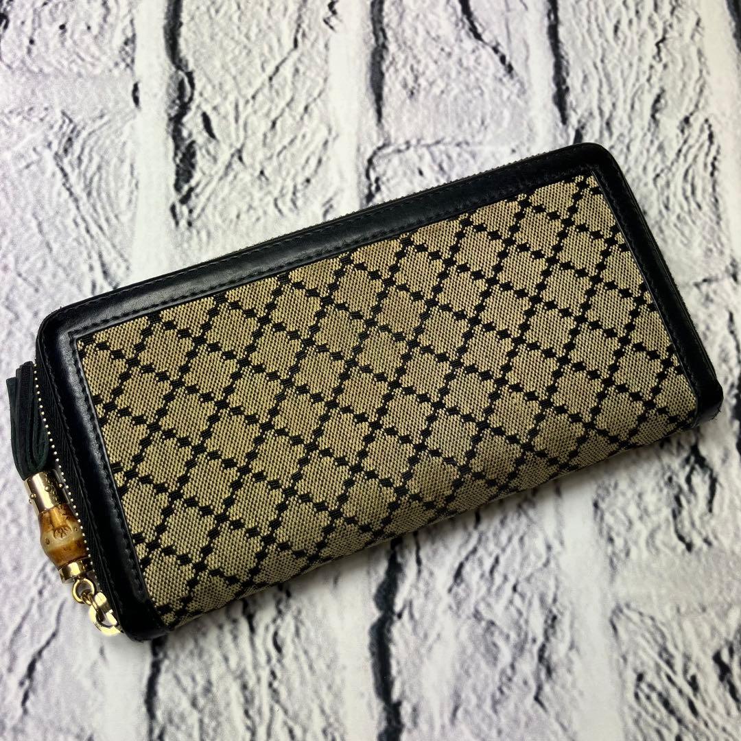 グッチ✨ディアマンテ バンブー ラウンドファスナー キャンバス レザー 長財布