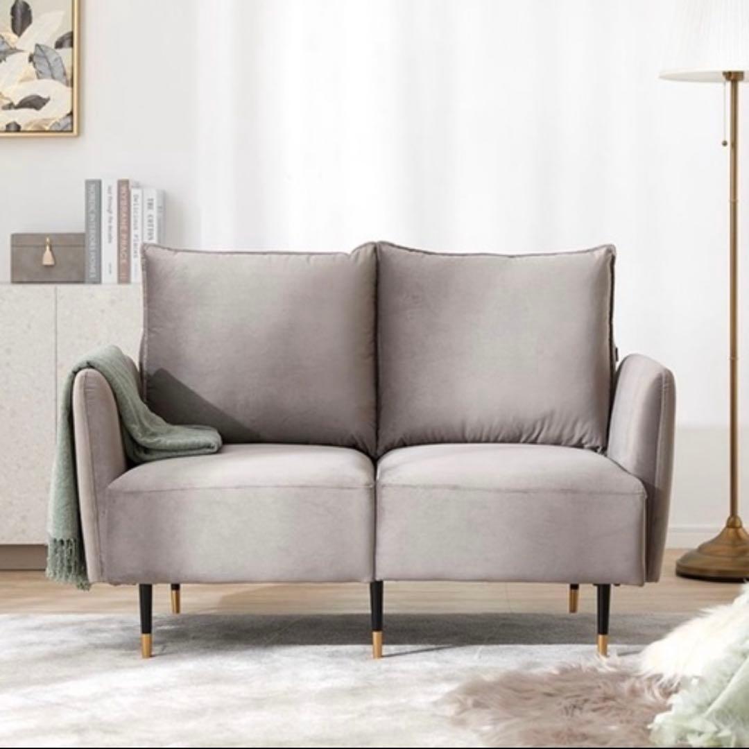 LOWYA ベルベット調 2人掛けソファ グレー コンパクト
