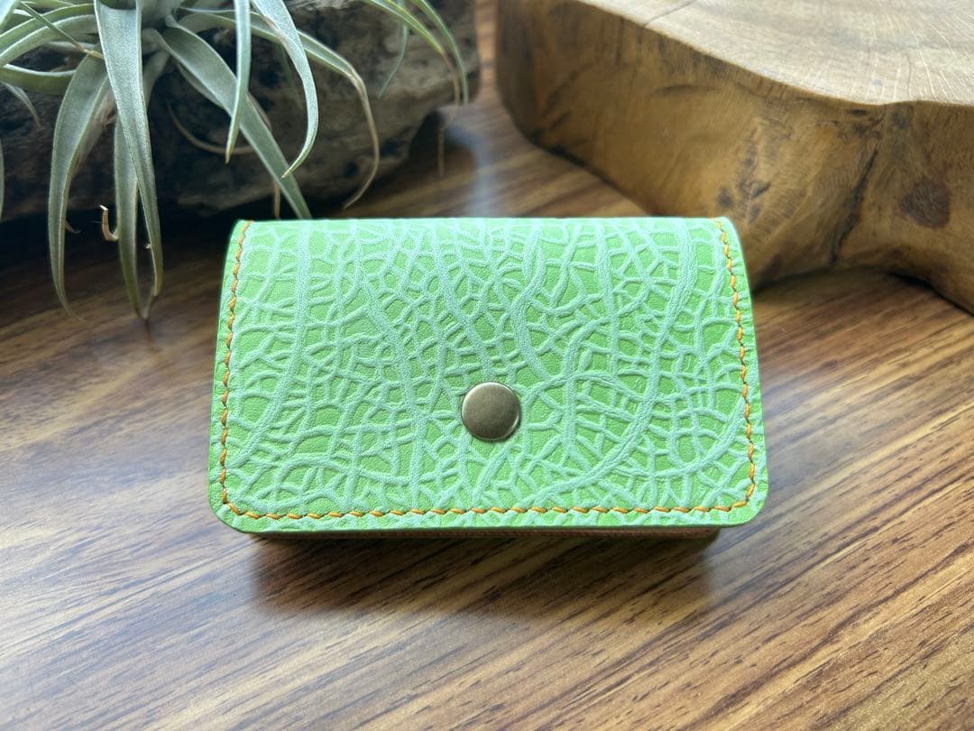 【エテ二朗】メロン型押しレザー 名刺入れ＆L字ファスナー財布　手縫い　本革