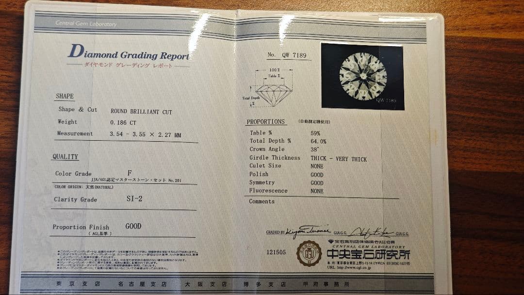 中央宝石研究所 鑑定書付 天然ダイヤネックレス 0.186ct F Pt900