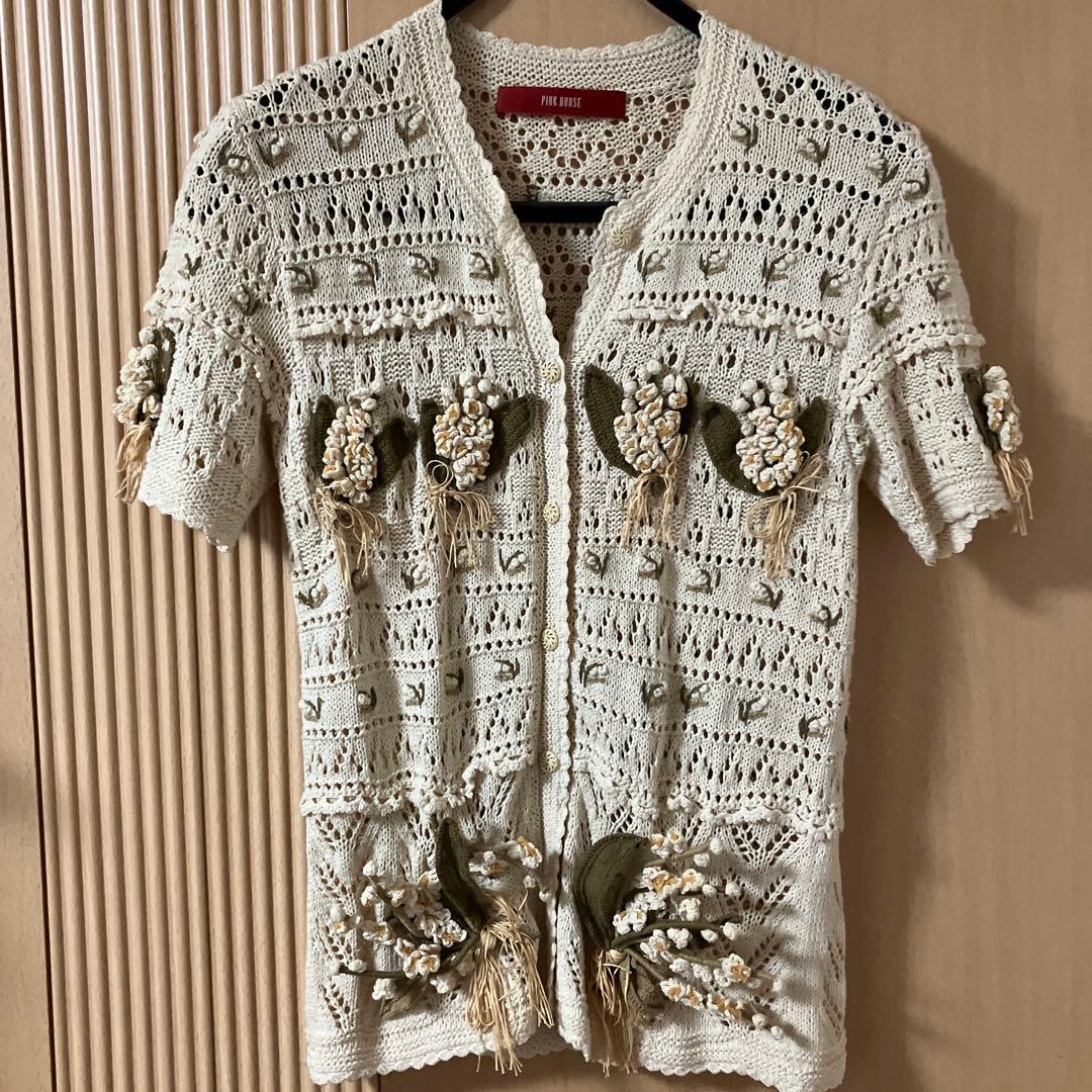 ビンテージ　ピンクハウス　透かし編みカーディガン 花飾り付き