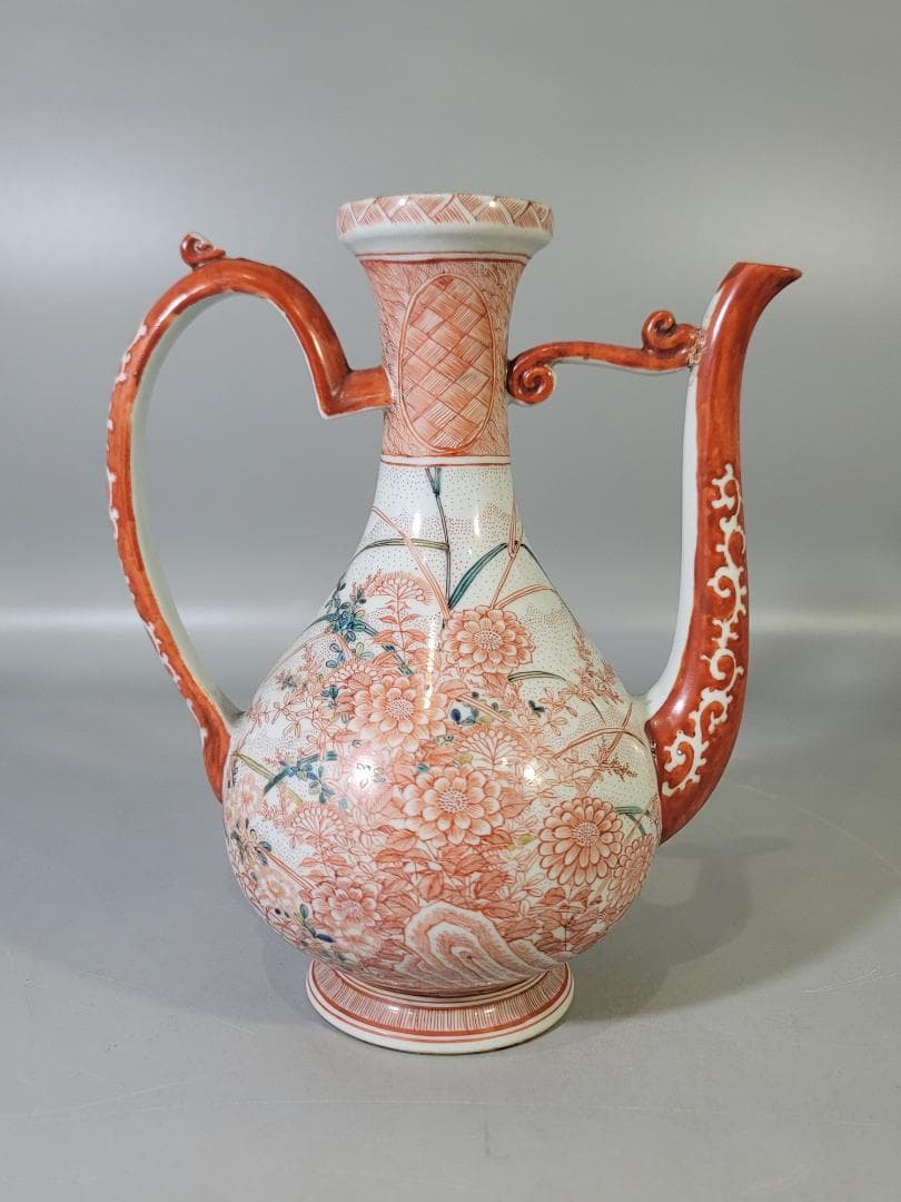 九谷 赤絵 草花紋 細密画 水注 時代物 DT791