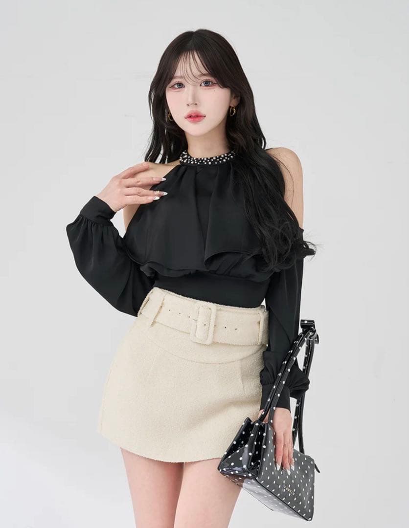 darich ダーリッチ パールネックアメスリブラウス ブラック