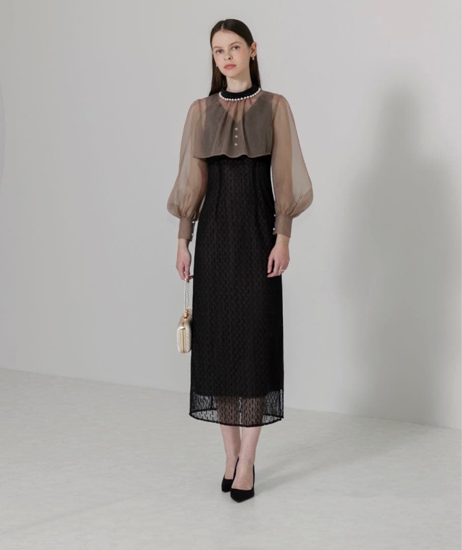 【LEJA】パールネックパフスリーブボレロ格子レースワンピースドレス　Mサイズ