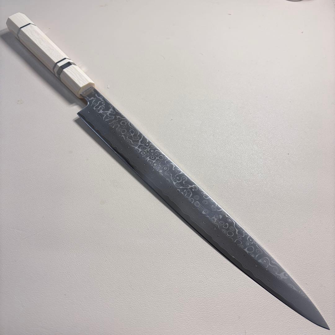 尺300mm 柳刃包丁 墨流しダマスカス　人工象牙八角柄 和包丁 白'-