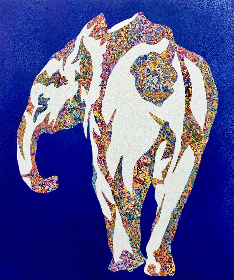 原画　象　動物画　絵画　アクリル画　現代アート　細密画　手描き　一点物