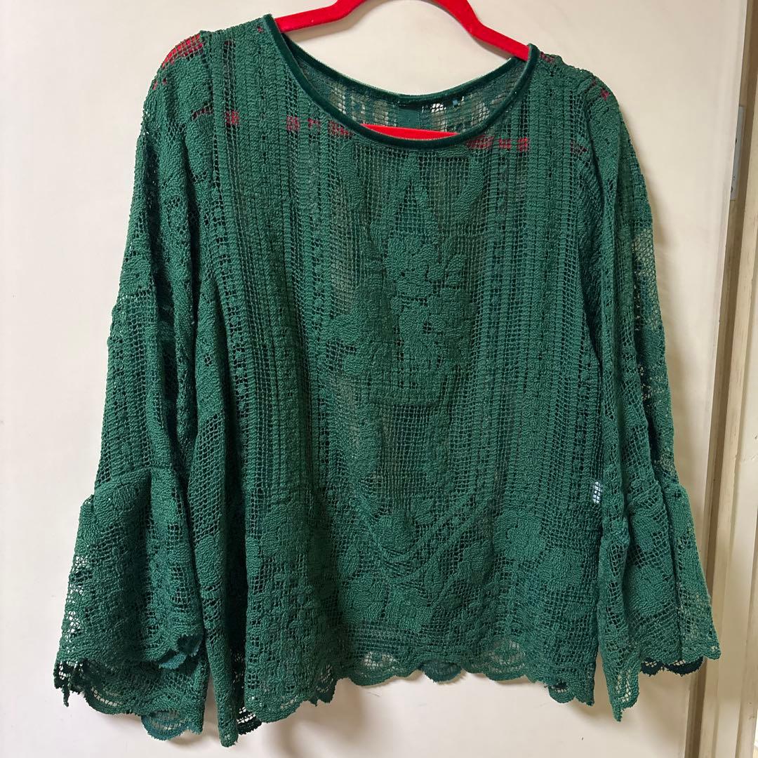 ミュベール　グリーン レース フレアスリーブ シャツ