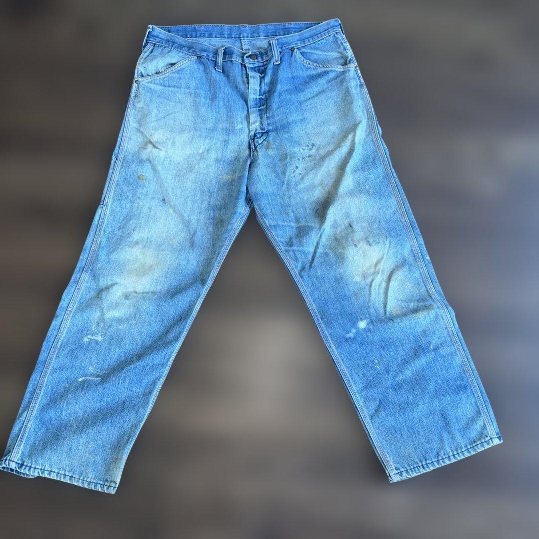 ライトブルー ワークパンツ ダメージ加工