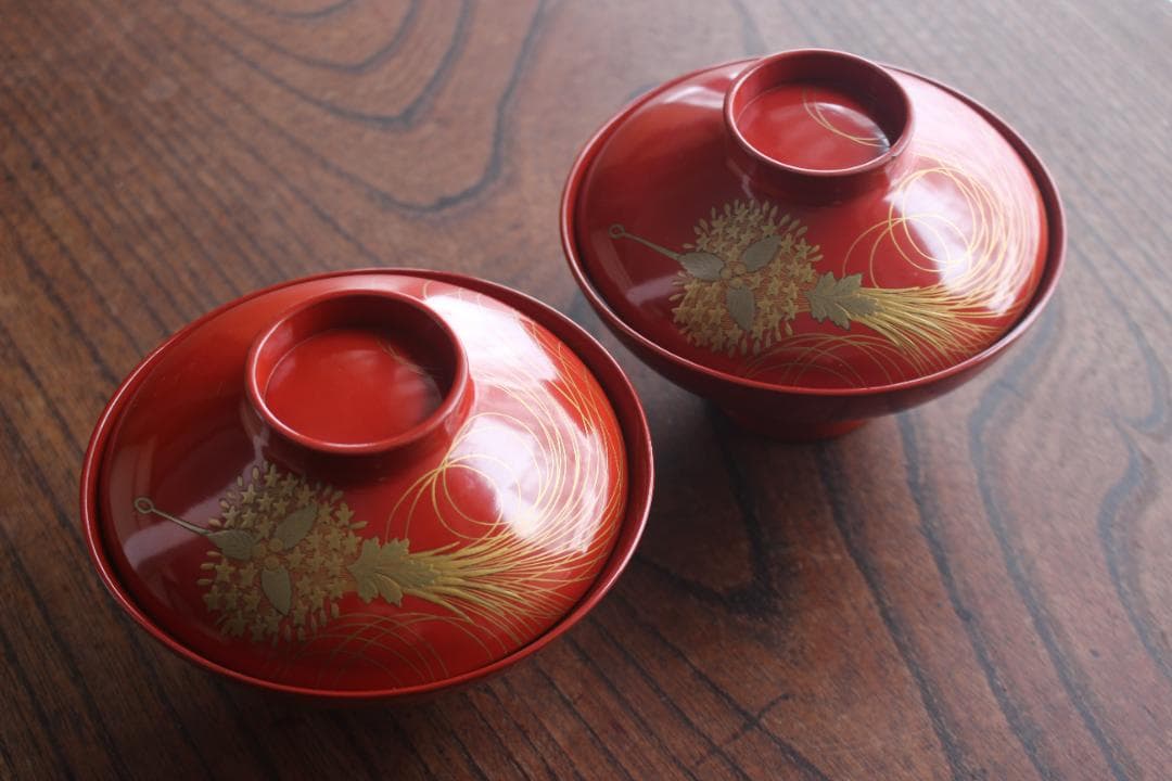小傷有！時代朱漆に優美な薬玉蒔絵の映えるお椀2点（検輪島塗吸い物椀蒔絵椀