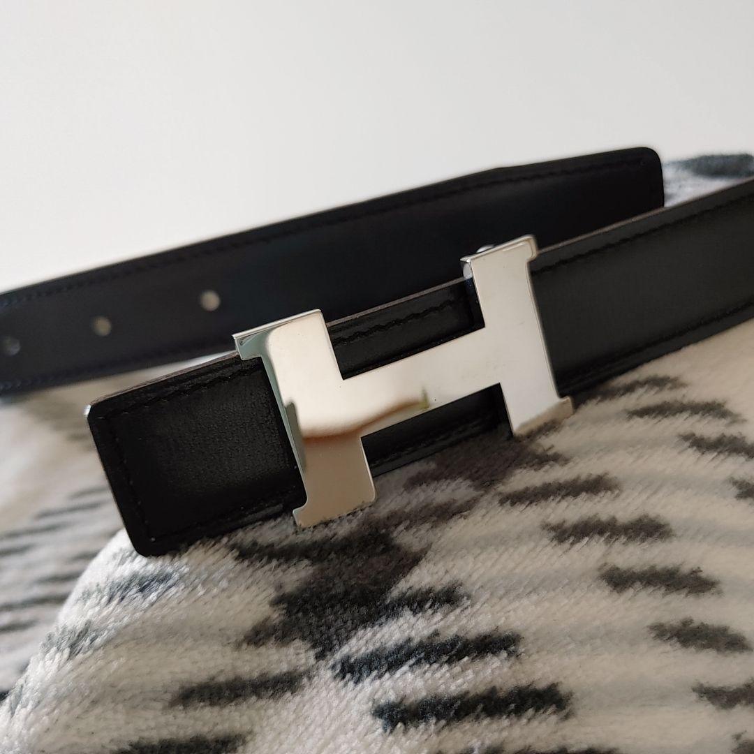 美品【HERMES】Hバックル　レザーベルト　ブラック×シルバー