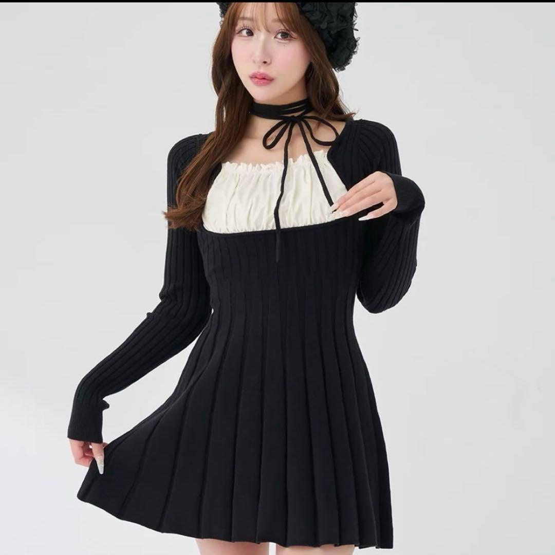 darichネックリボンデザインフレアニットミニワンピース BLK Free-L