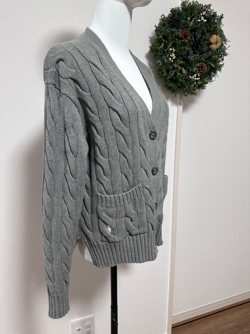ポロラルフローレン カーディガン ケーブルニット グレー 刺繍ロゴ　S-M 綿