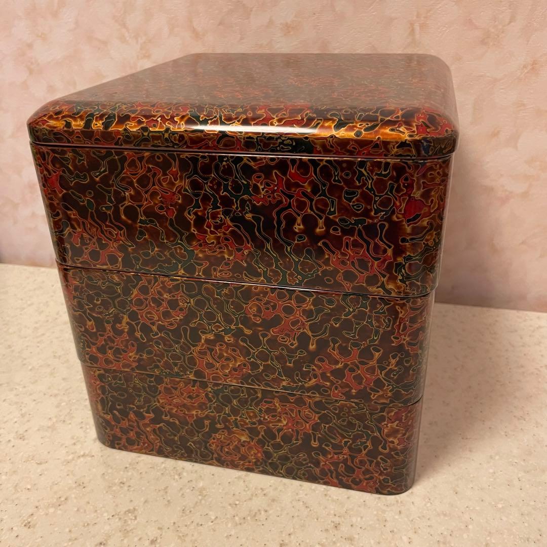 【未使用品】津軽塗 三段重 青森 唐塗 箱付 おせち お重