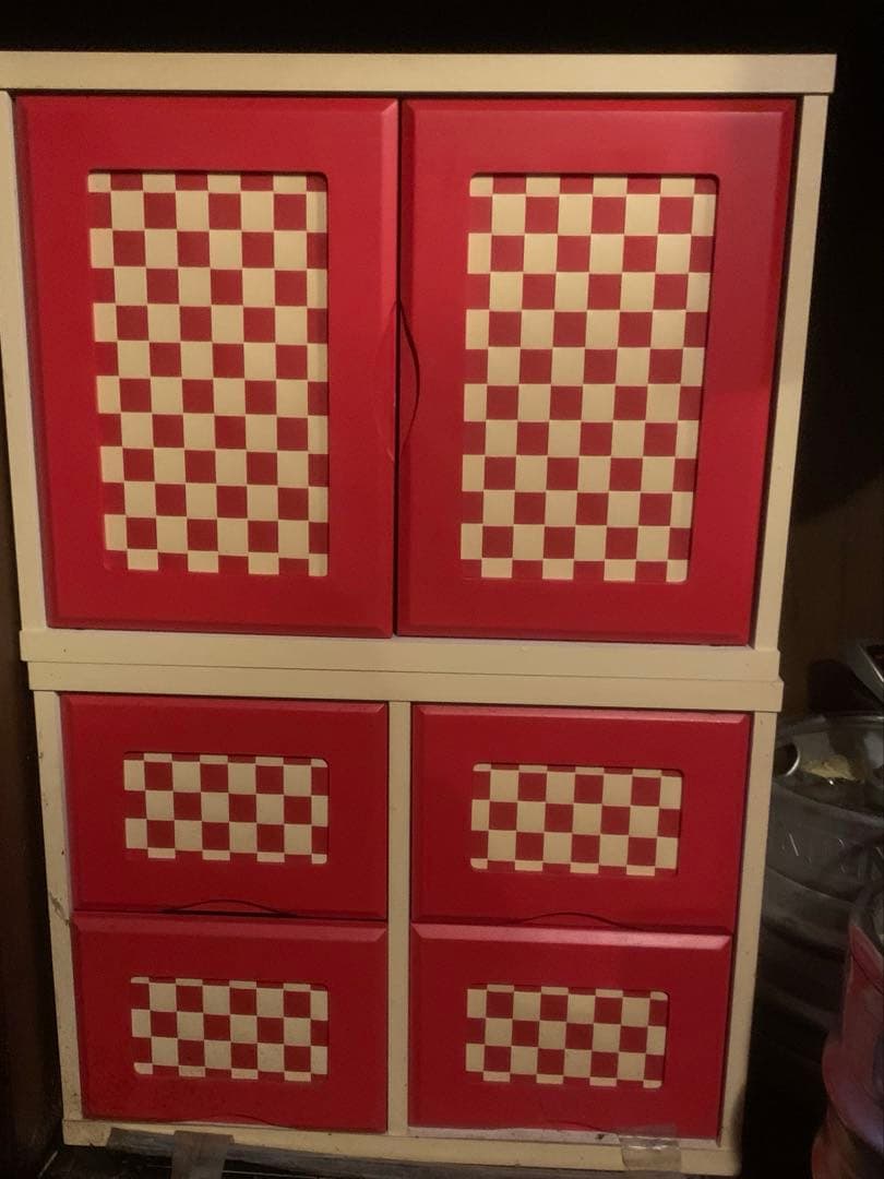 チェック柄 食器棚 2ドア 4引き出し