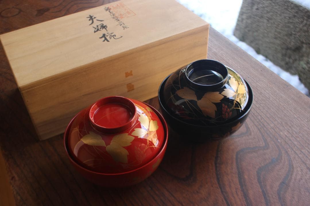 デッドストック！極上秋草蒔絵の美しい夫婦椀（検輪島塗蒔絵椀雑煮椀