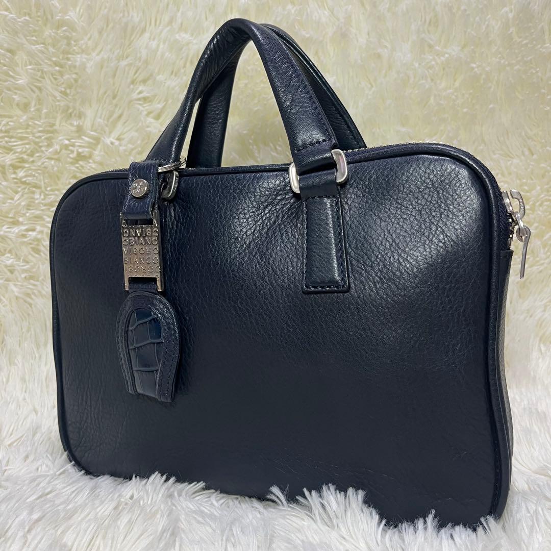 美品　アニアリ　ミニブリーフケース　セカンドバッグ　ネイビー　レザー