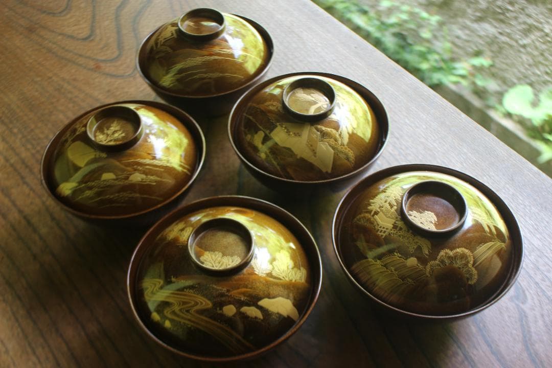 時代逸品！時代総梨地に優美な山水楼閣蒔絵の映えるお椀5点（検輪島塗蒔絵椀懐石椀