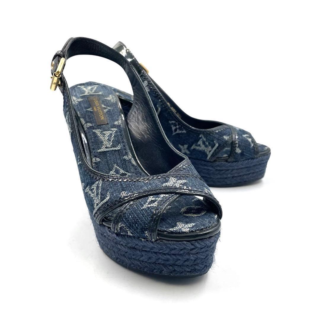 《未使用品》ルイヴィトン デニム 厚底 ストラップ サンダル モノグラム 紺系