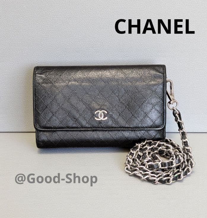 シャネル　黒　ビコローレ　バイカラー　折り財布　ミニ財布　ショルダー　ラムスキン