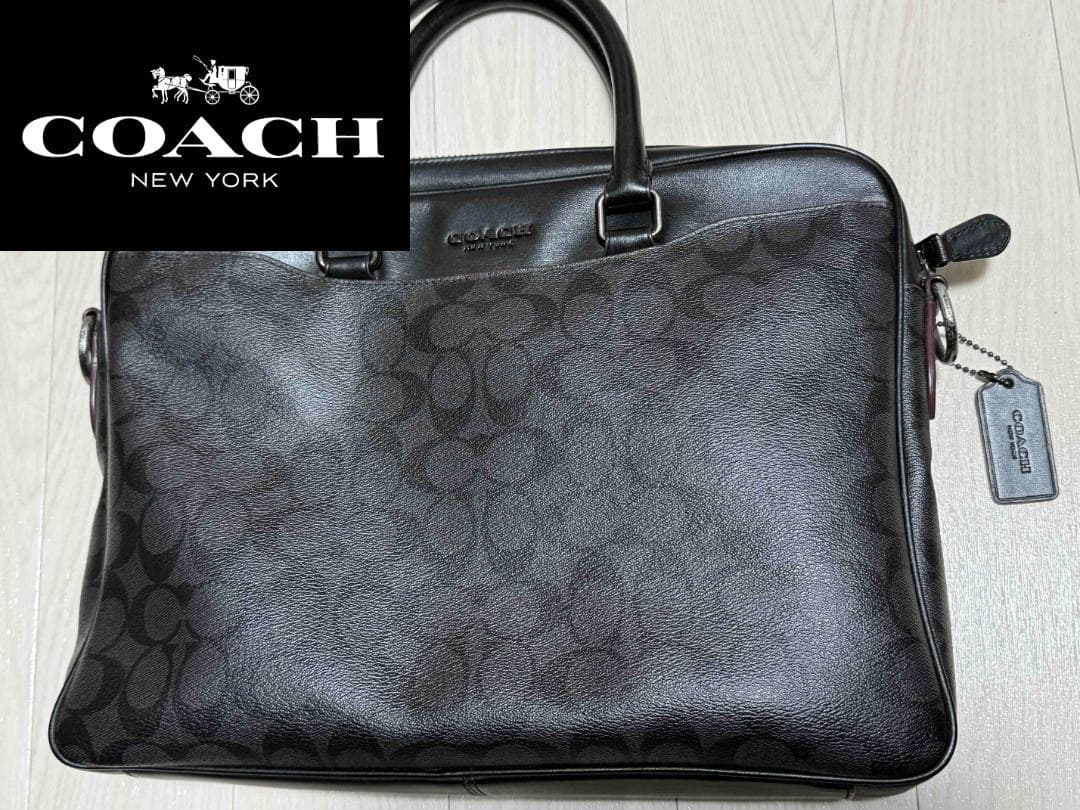 COACH コーチ ビジネスバッグ シグネチャー 黒系 レザー A4収納可
