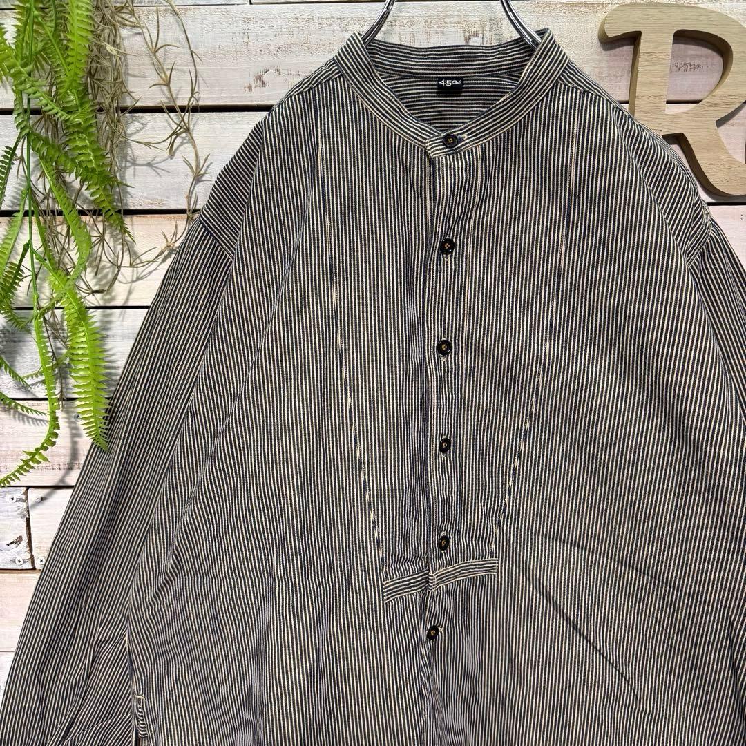 45R インディゴ染 バンドカラーシャツ ストライプ ヒッコリー 刺繍