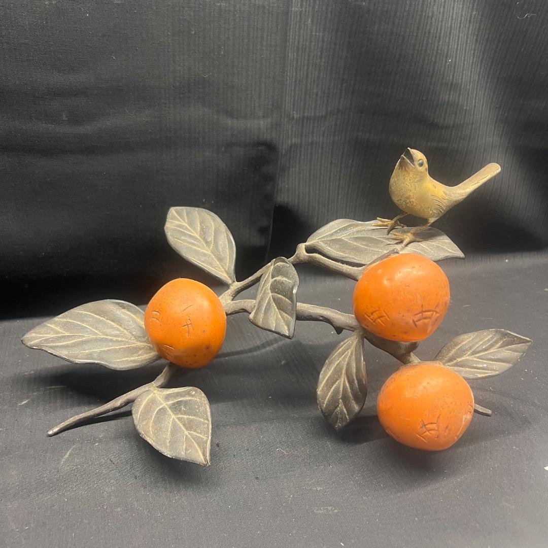 〇※前Gb1016 柿 鳥 置物 金属製