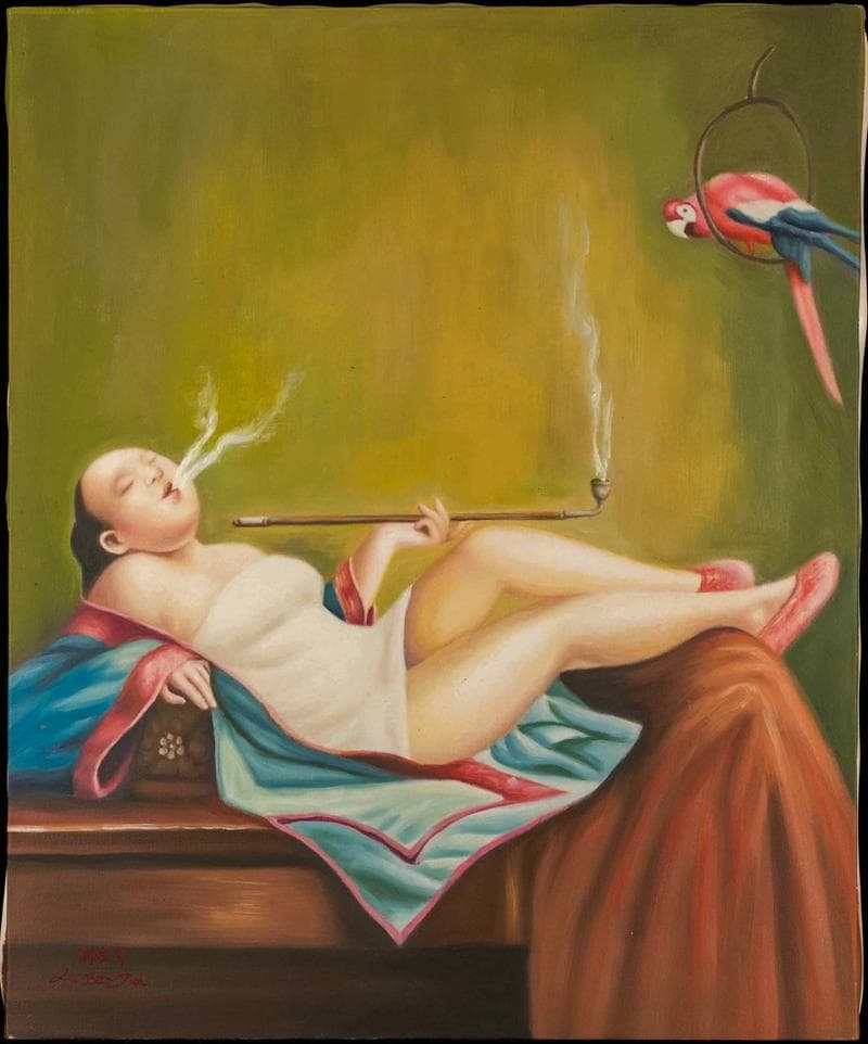 劉宝軍　油彩　肉筆『喫煙婦人』表サイン　画廊取扱シール　F12号　額無　b115