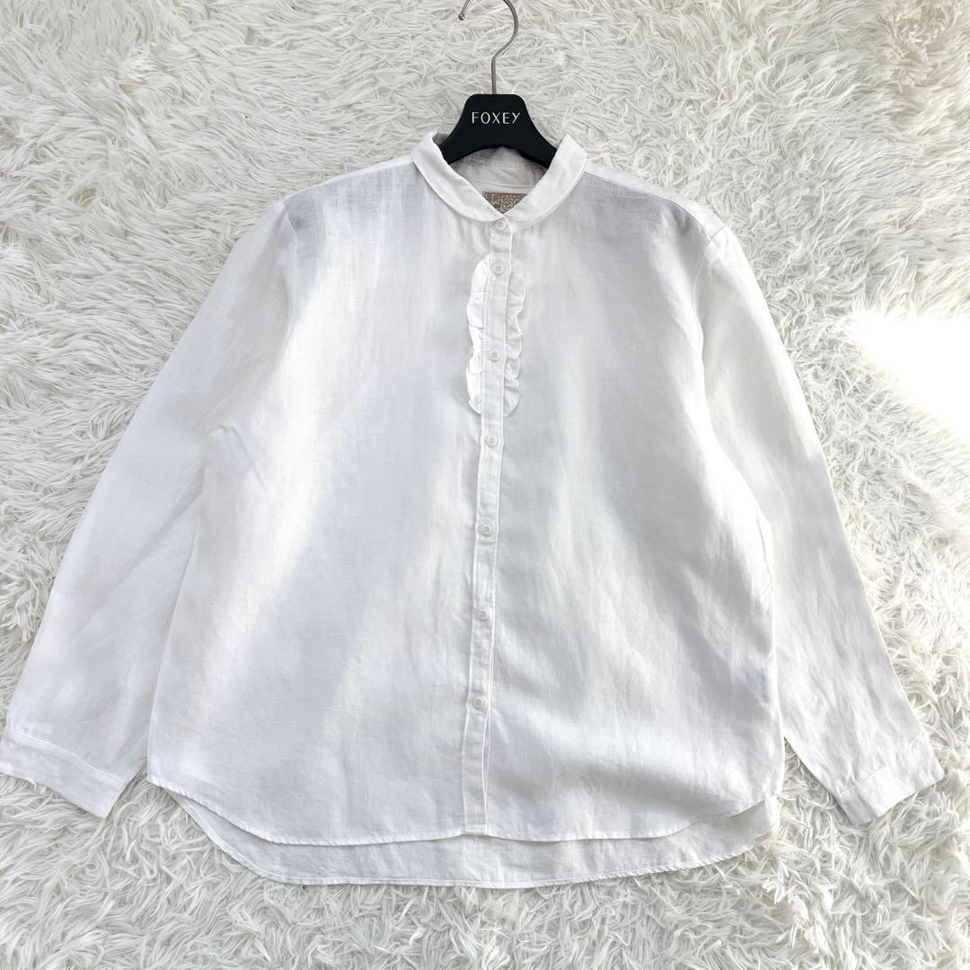 中川政七商店 手織り麻を使ったフリルシャツ ホワイト 丸襟 リネン 麻