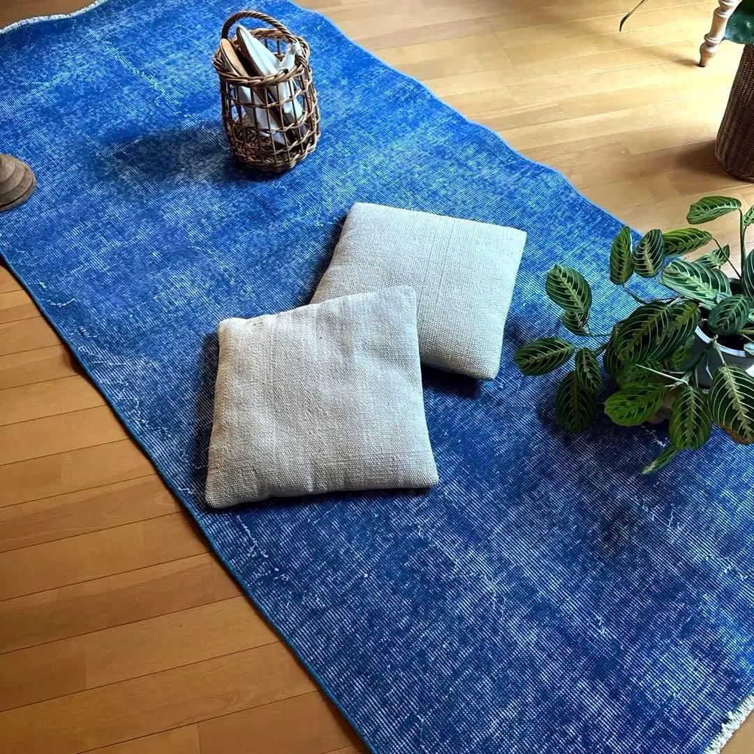 99×212青空色オーバーダイ　ワンカラー　ブルートルコヴィンテージラグ