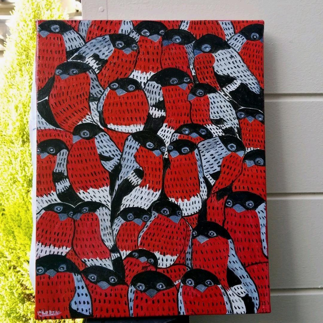 油絵　あらんぼん　仲良く集まるくちばしの小さな鳥たち　密は楽し