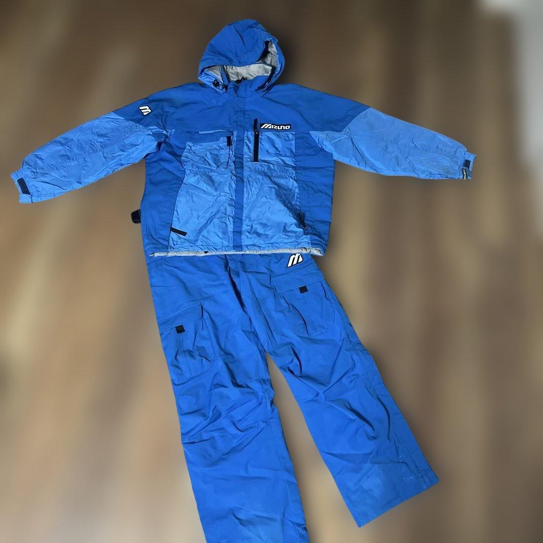 Mizuno ブレスサーモ★ブルー色サスペンダー付きスキーウェア 上下　サイズL