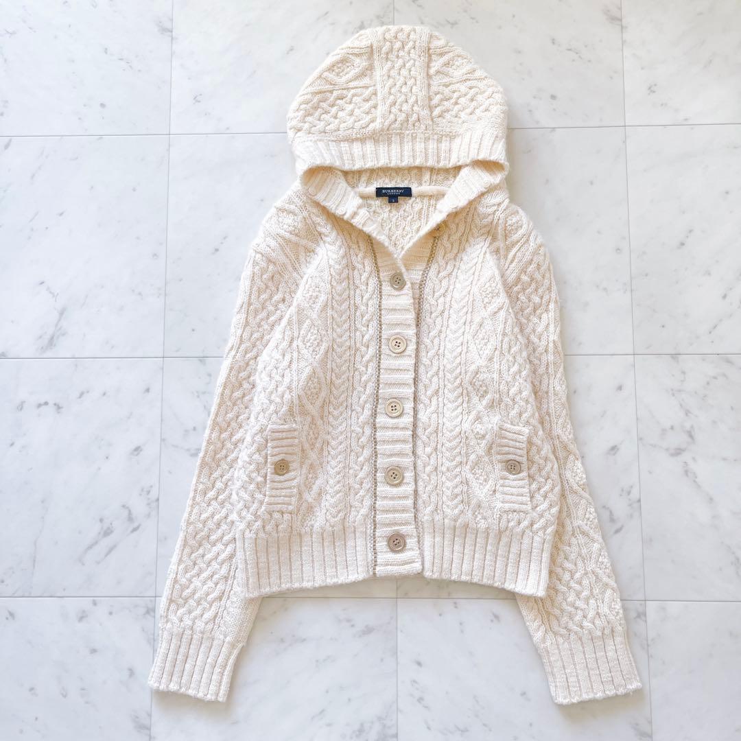 バーバリーブルーレーベル　アンゴラ混ケーブルニットカーディガン　フード　金ボタン
