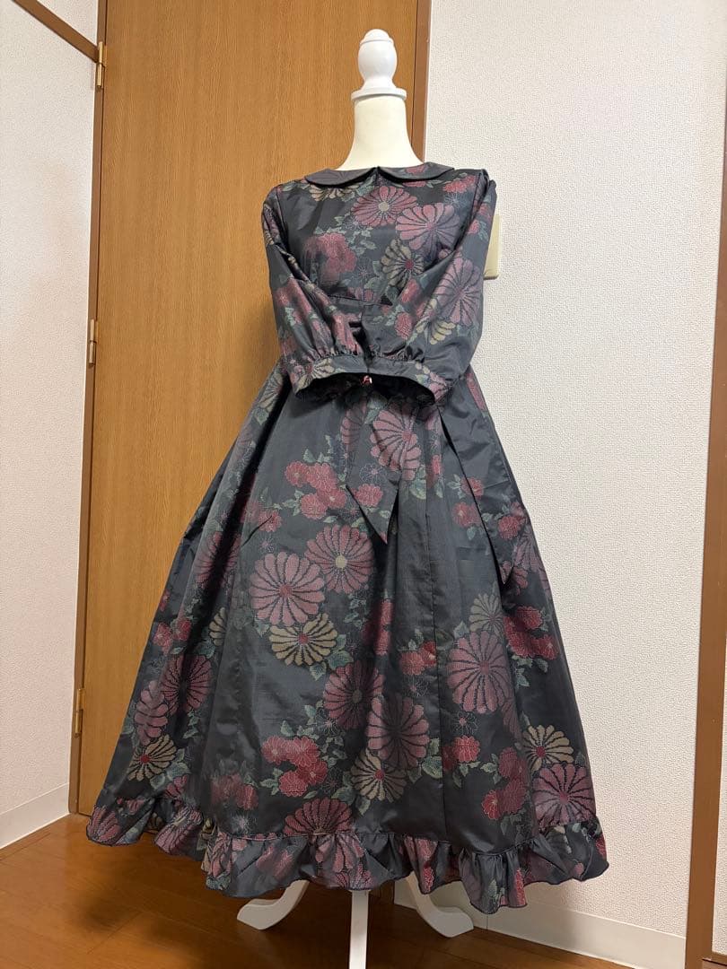 着物リメイク♪ 大島紬　ふんわりワンピース　花模様♪ 総裏地付　MーL