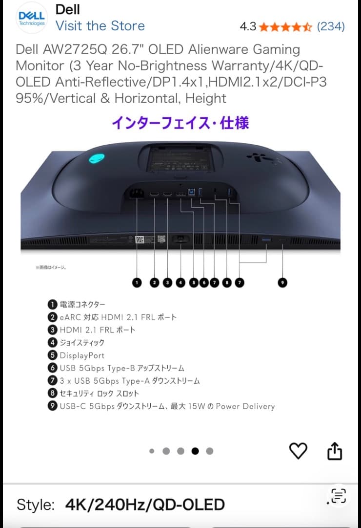 ザ*ン様 DELLAW2725Q Alienware 27 4K 240HzQD